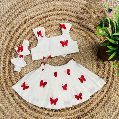 White & Red Butterfly Print Kids Co-ord Set