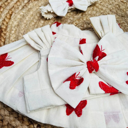 White & Red Butterfly Print Kids Co-ord Set