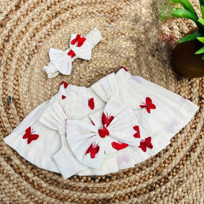 White & Red Butterfly Print Kids Co-ord Set