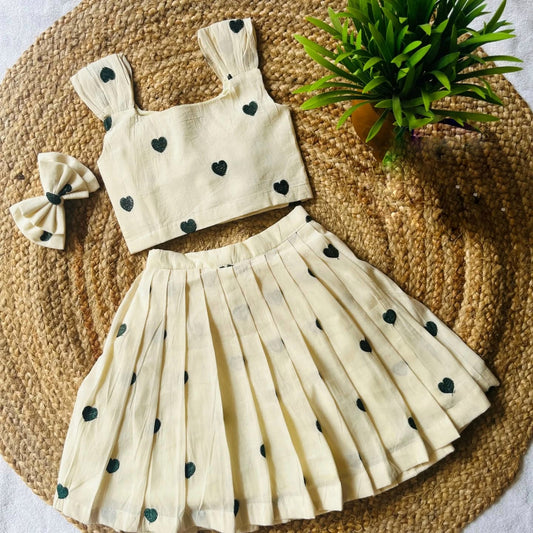 Cream Heart Print Kids Co-ord Set