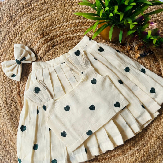 Cream Heart Print Kids Co-ord Set