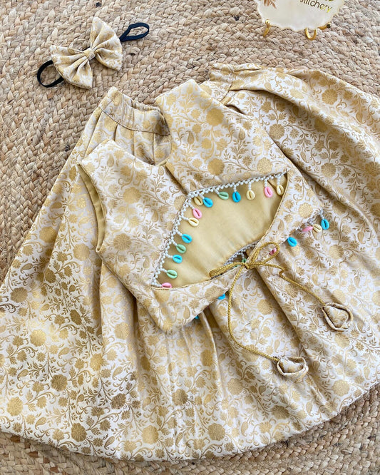 Girls’ Ethnic Golden Brocade Frock with Hair Accessory