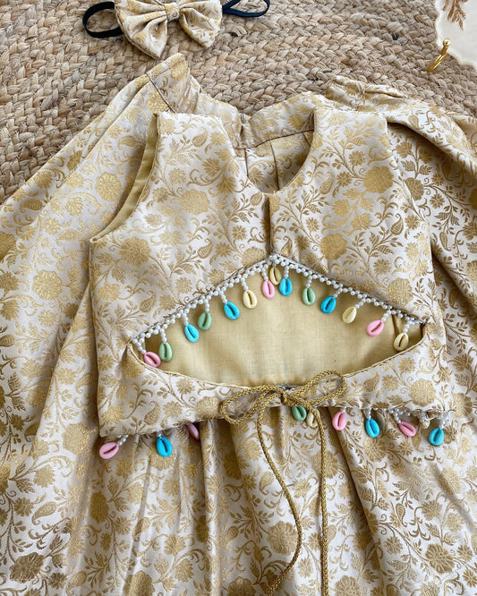 Girls’ Ethnic Golden Brocade Frock with Hair Accessory