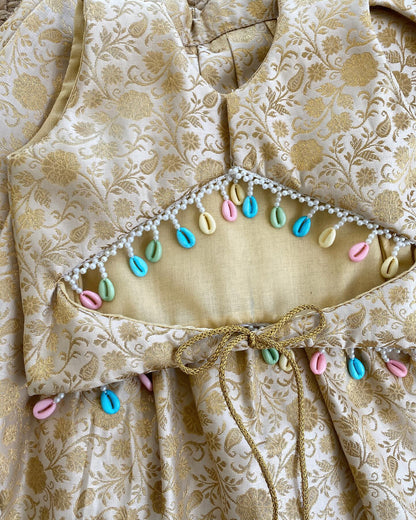 Girls’ Ethnic Golden Brocade Frock with Hair Accessory