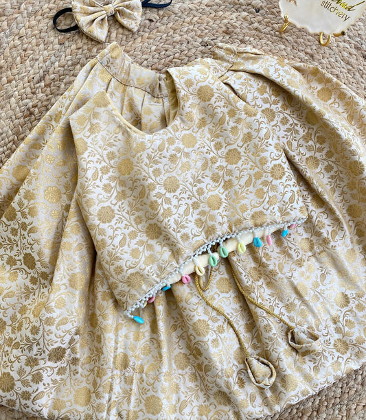 Girls’ Ethnic Golden Brocade Frock with Hair Accessory