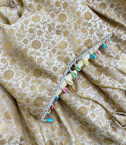 Girls’ Ethnic Golden Brocade Frock with Hair Accessory