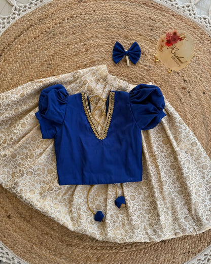 Royal Blue & Cream Brocade Lehenga Set for Girls