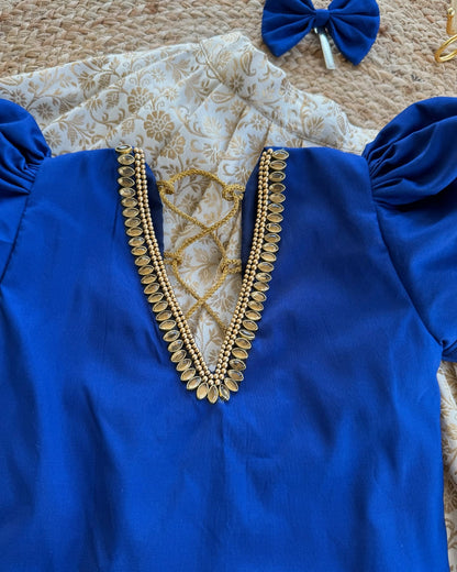 Royal Blue & Cream Brocade Lehenga Set for Girls