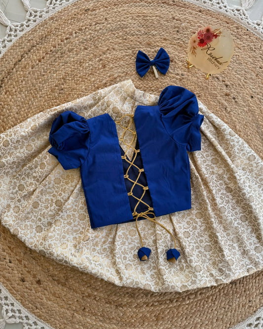 Royal Blue & Cream Brocade Lehenga Set for Girls