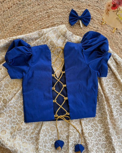 Royal Blue & Cream Brocade Lehenga Set for Girls