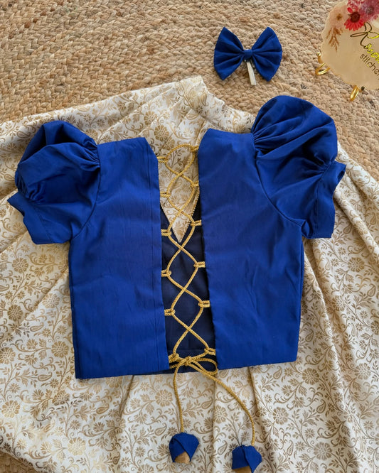 Royal Blue & Cream Brocade Lehenga Set for Girls