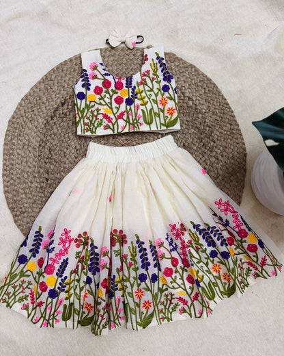 Ivory Floral Embroidered Kids Lehenga Set