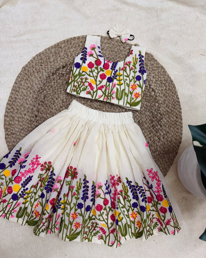 Ivory Floral Embroidered Kids Lehenga Set