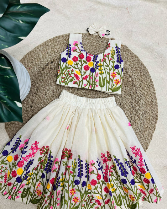 Ivory Floral Embroidered Kids Lehenga Set