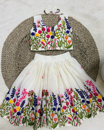 Ivory Floral Embroidered Kids Lehenga Set