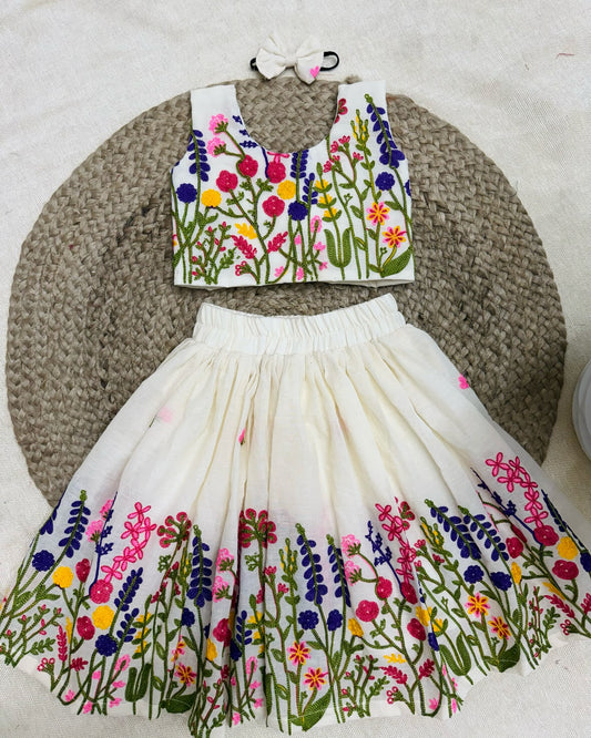 Ivory Floral Embroidered Kids Lehenga Set