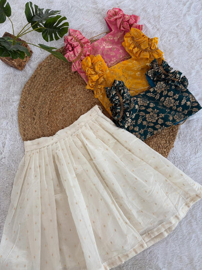 Kids Brocade Top with Ivory Skirt Set (3 Colors)