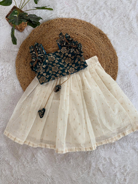 Kids Brocade Top with Ivory Skirt Set (3 Colors)
