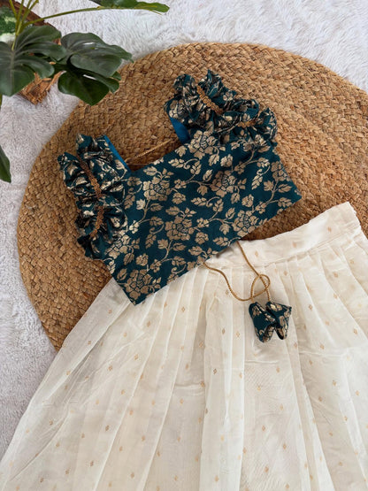 Kids Brocade Top with Ivory Skirt Set (3 Colors)