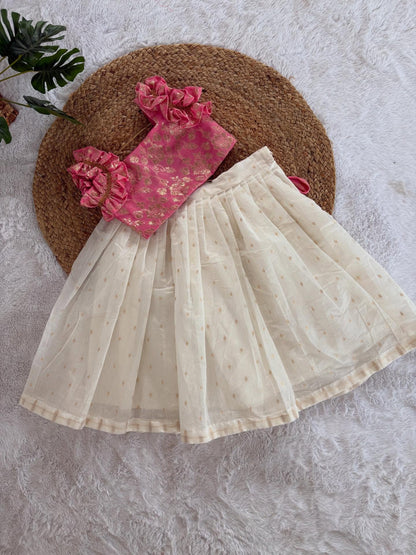 Kids Brocade Top with Ivory Skirt Set (3 Colors)