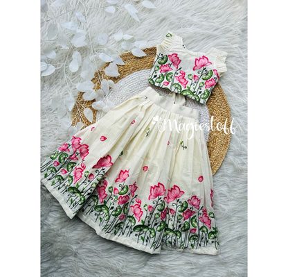 Kids’ Hand-Painted Lotus Lehenga Set