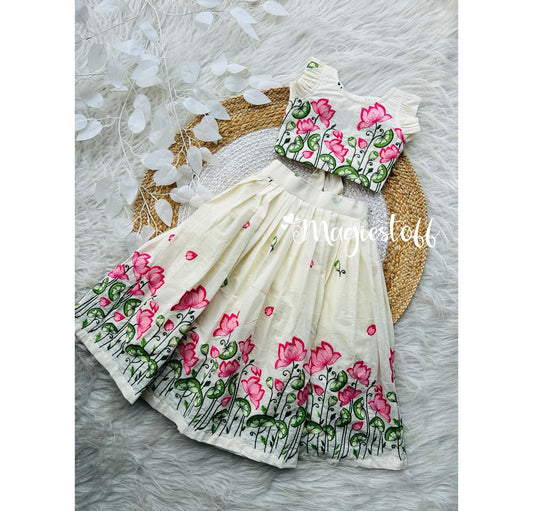 Kids’ Hand-Painted Lotus Lehenga Set