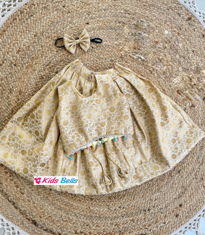 Girls’ Ethnic Golden Brocade Frock with Hair Accessory