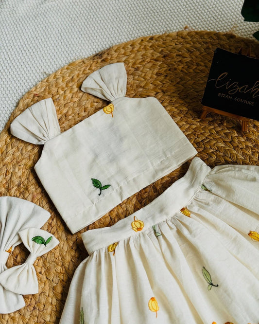 Ivory & Yellow Lotus Embroidered Co-ord Set for Girls