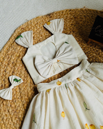 Ivory & Yellow Lotus Embroidered Co-ord Set for Girls