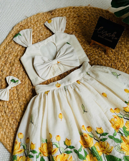 Ivory & Yellow Lotus Embroidered Co-ord Set for Girls