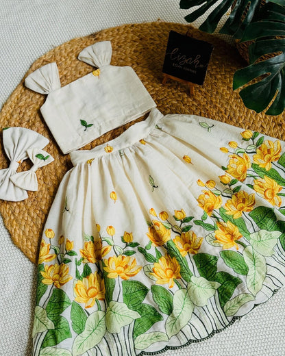 Ivory & Yellow Lotus Embroidered Co-ord Set for Girls