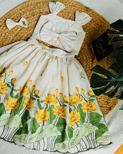 Ivory & Yellow Lotus Embroidered Co-ord Set for Girls