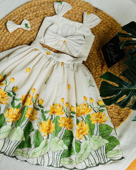 Ivory & Yellow Lotus Embroidered Co-ord Set for Girls