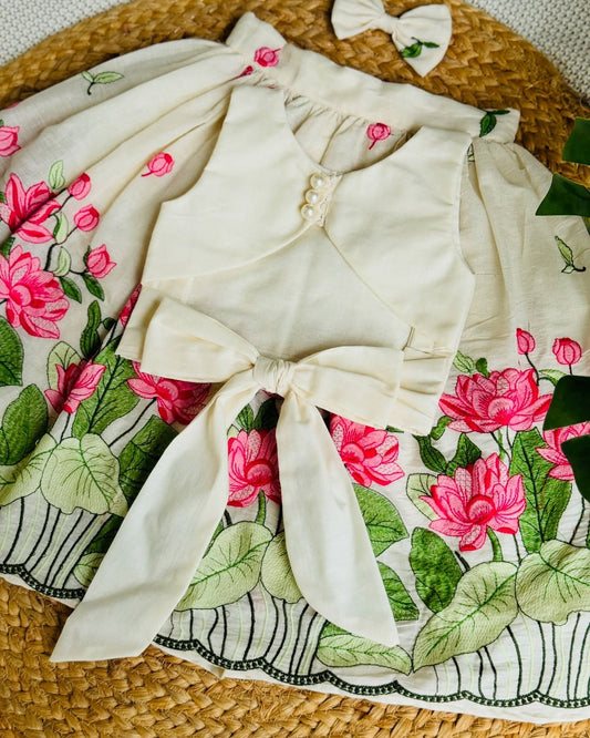 Ivory & Pink Lotus Embroidered Co-ord Set for Girls
