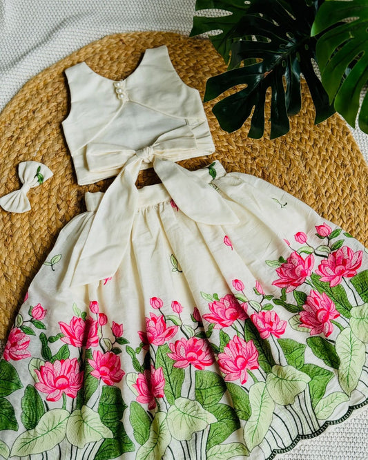 Ivory & Pink Lotus Embroidered Co-ord Set for Girls