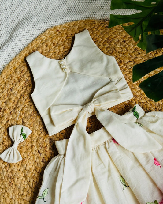 Ivory & Pink Lotus Embroidered Co-ord Set for Girls