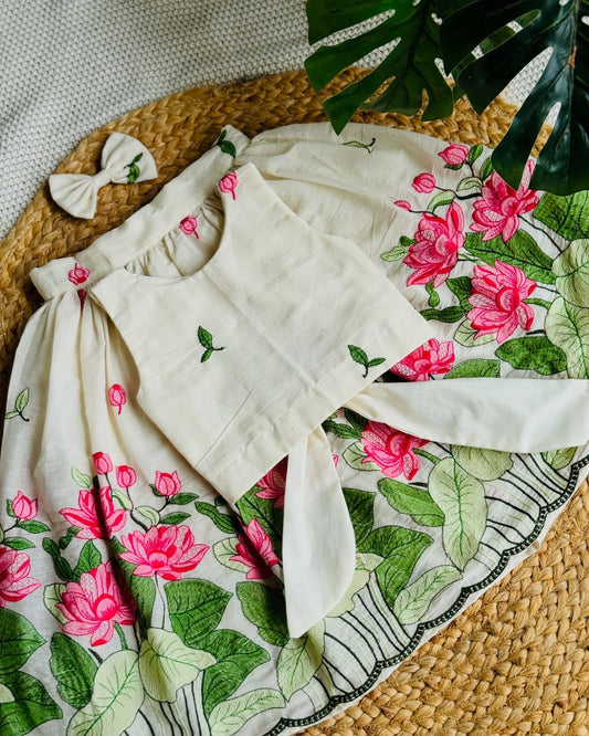 Ivory & Pink Lotus Embroidered Co-ord Set for Girls