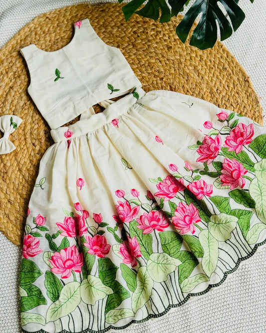 Ivory & Pink Lotus Embroidered Co-ord Set for Girls
