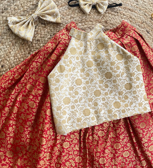 Red & Gold Banarasi Kids Lehenga Set