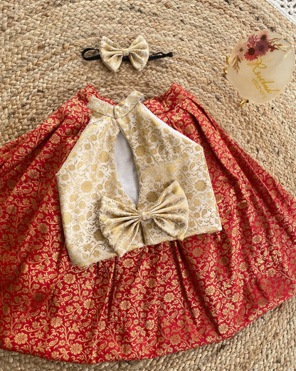 Red & Gold Banarasi Kids Lehenga Set