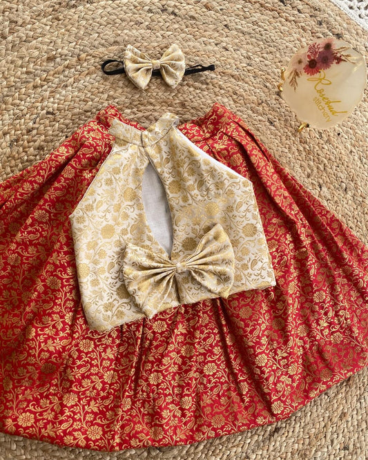Red & Gold Banarasi Kids Lehenga Set