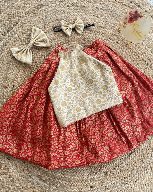 Red & Gold Banarasi Kids Lehenga Set