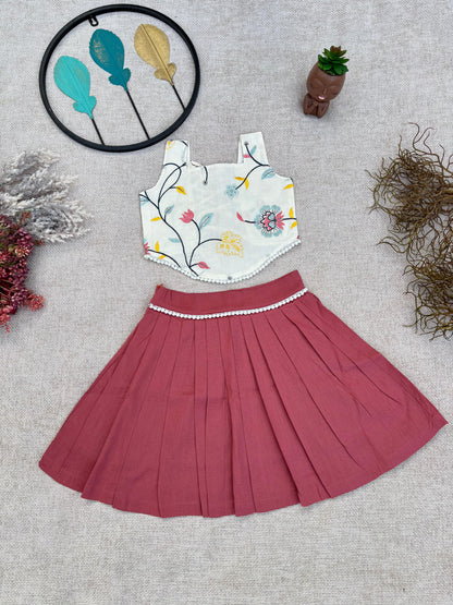 “Girls Cream Floral Embroidered Halter Top & Skirt Set – Festive Wear”