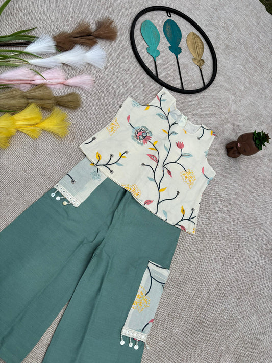 “Girls Floral Printed Top & Green Palazzo Set – Stylish Kids Wear”