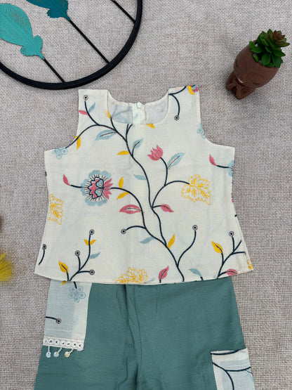“Girls Floral Printed Top & Green Palazzo Set – Stylish Kids Wear”