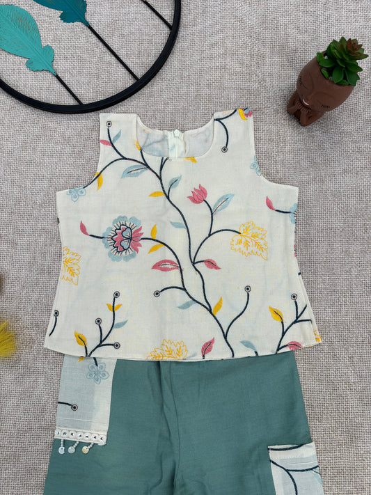 “Girls Floral Printed Top & Green Palazzo Set – Stylish Kids Wear”