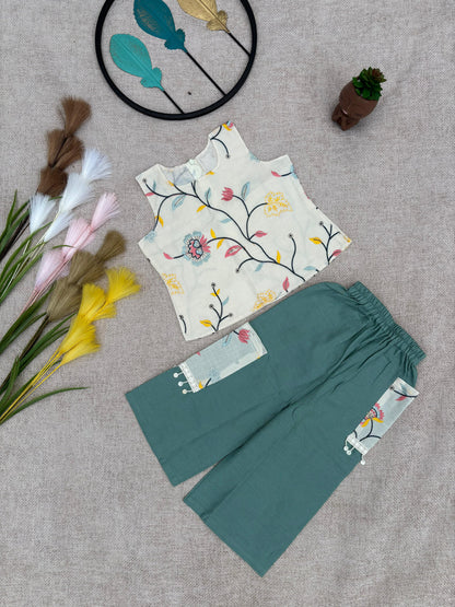 “Girls Floral Printed Top & Green Palazzo Set – Stylish Kids Wear”