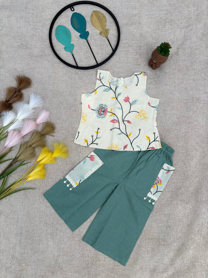 “Girls Floral Printed Top & Green Palazzo Set – Stylish Kids Wear”