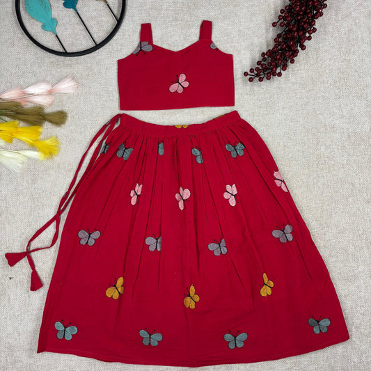 Stylish Butterfly Embroidered Kids Outfit – Red