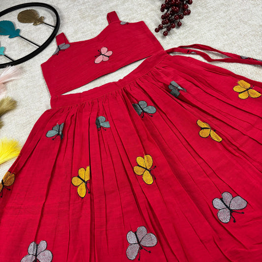 Stylish Butterfly Embroidered Kids Outfit – Red